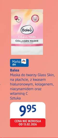 Maska do twarzy Glass Skin na płachcie z kwasem hialuronowym kolagenem niacynamidem oraz witaminą C Balea